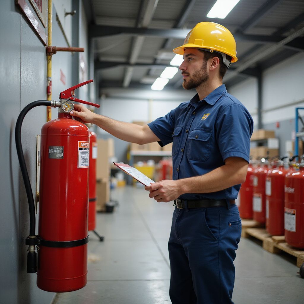 Man in hard hat inspecting a red fire extinguisher in a warehouse, holding clipboard.