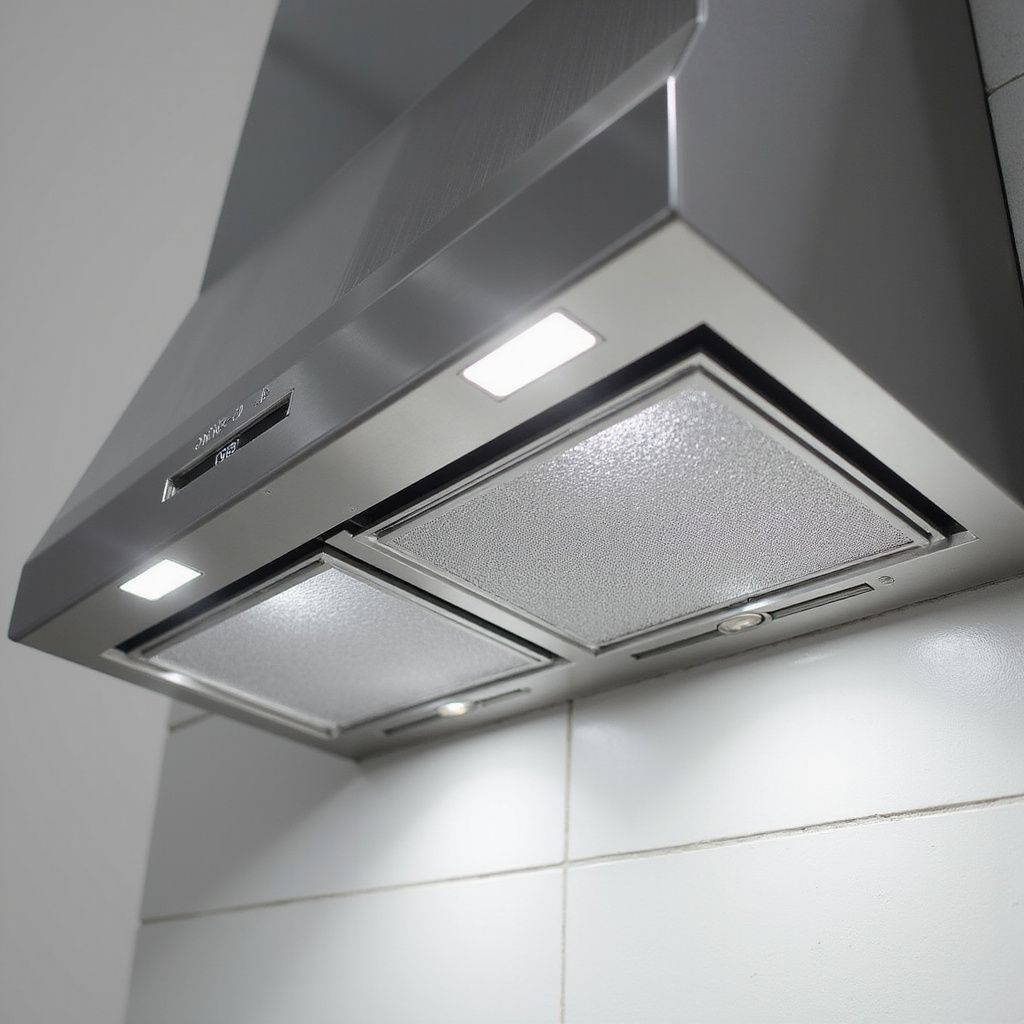 Stainless steel range hood with two light panels and grease filters.
