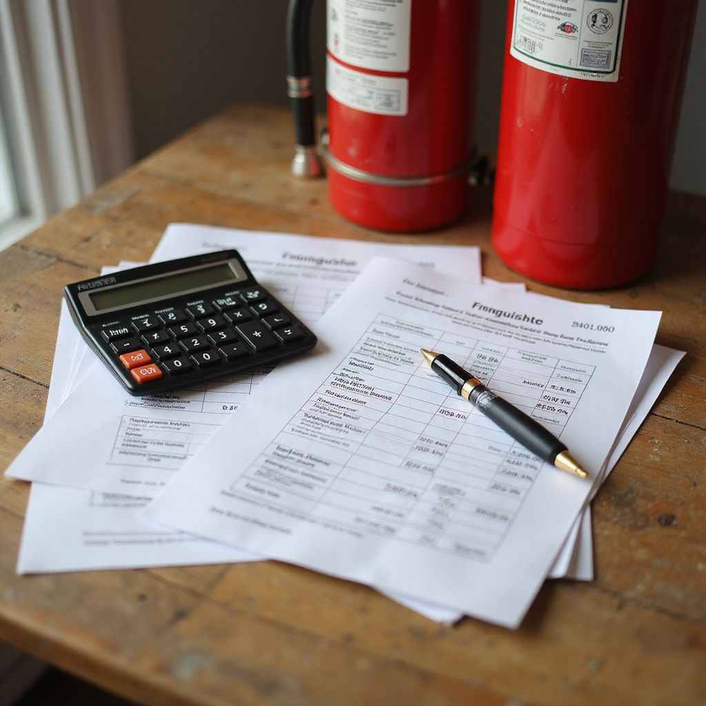 Calculator, pen, and paperwork on a wooden table with two red fire extinguishers in the background.