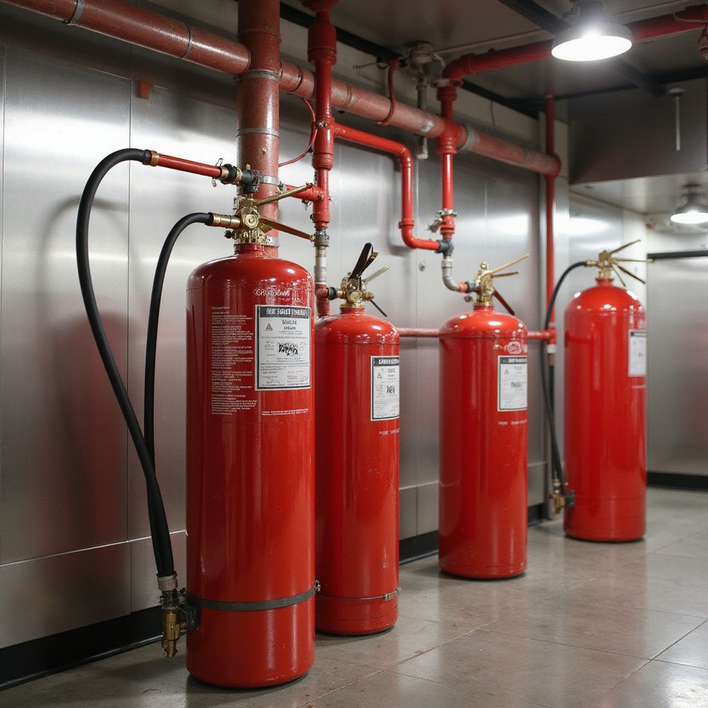 Four red fire extinguishers lined up against a wall, connected to overhead red pipes.