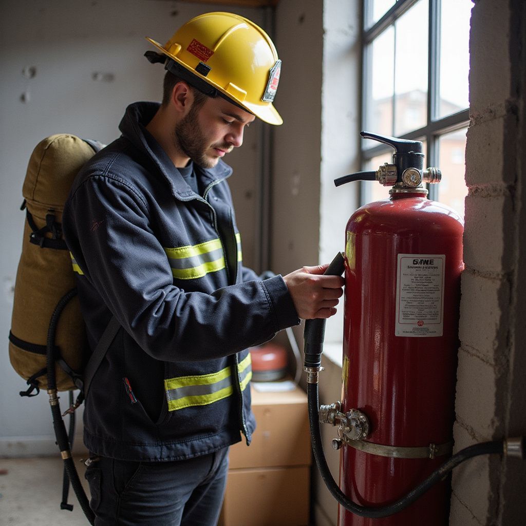 Firefighter in uniform, checking a red fire extinguisher next to a window.