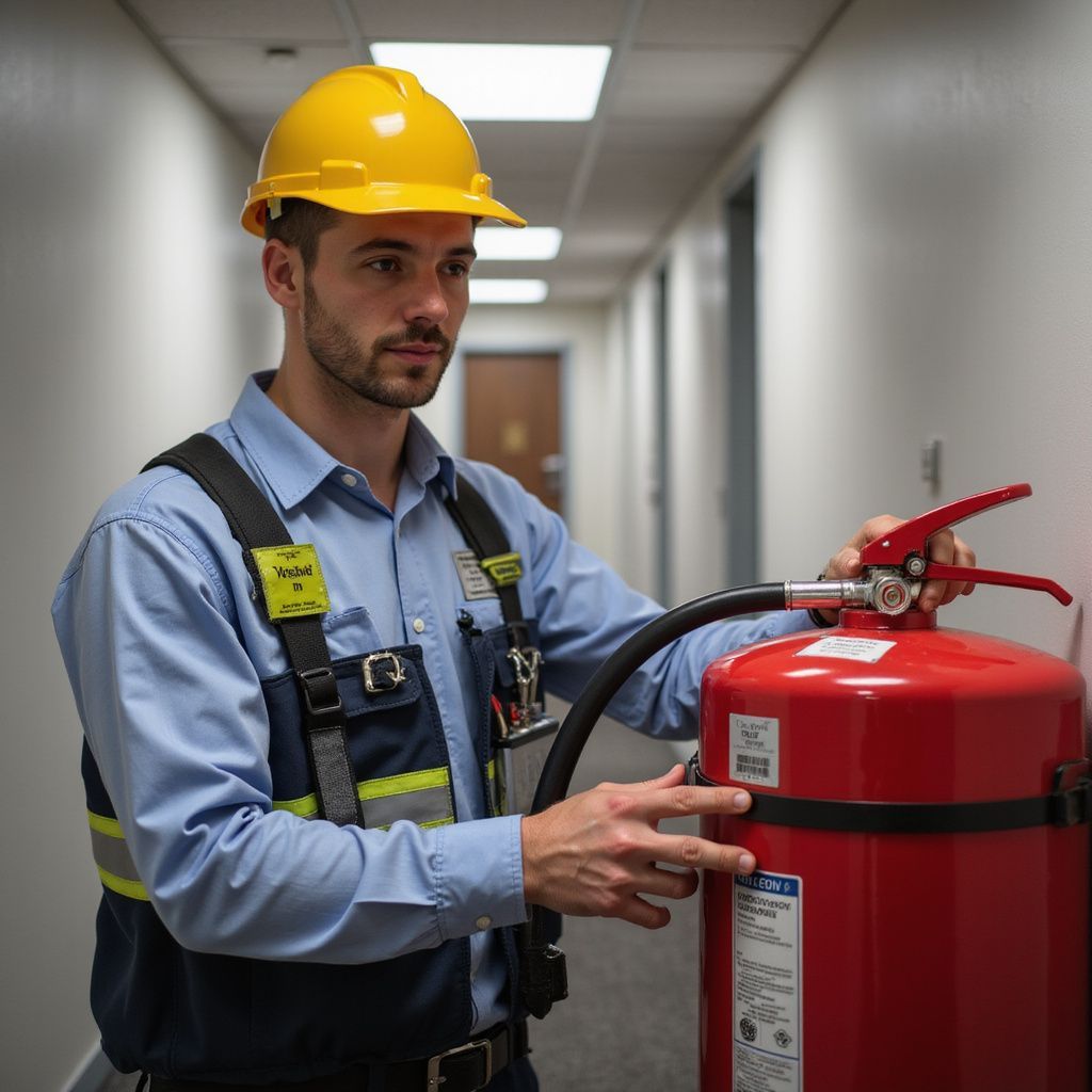 Person in hard hat and safety vest checks a red fire extinguisher in an office hallway.