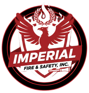 Imperial Fire & Safety logo: red phoenix with wings spread, shield, fire, text on banner, circular border.