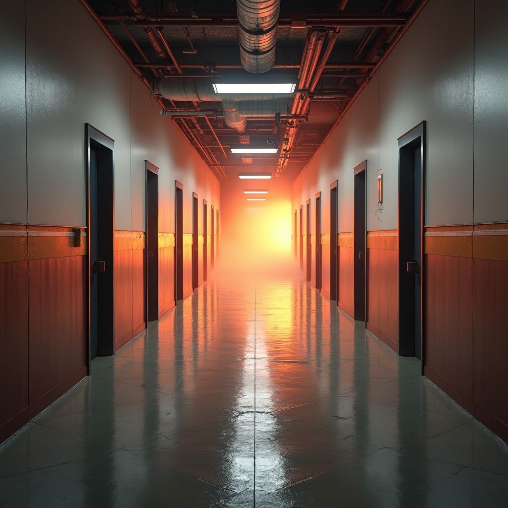 Long, industrial hallway with closed doors, illuminated by bright orange light at the end.