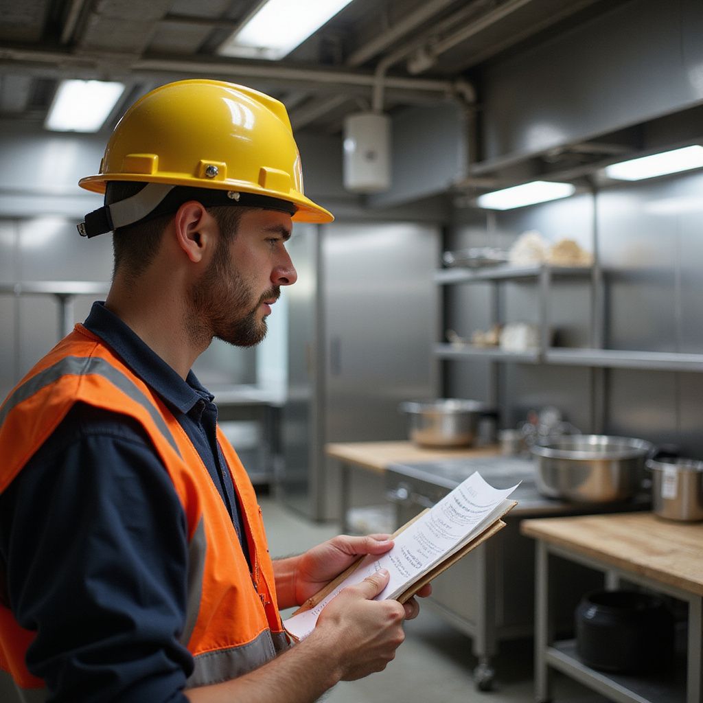 Man in safety vest and hard hat reviewing paperwork in a commercial kitchen.