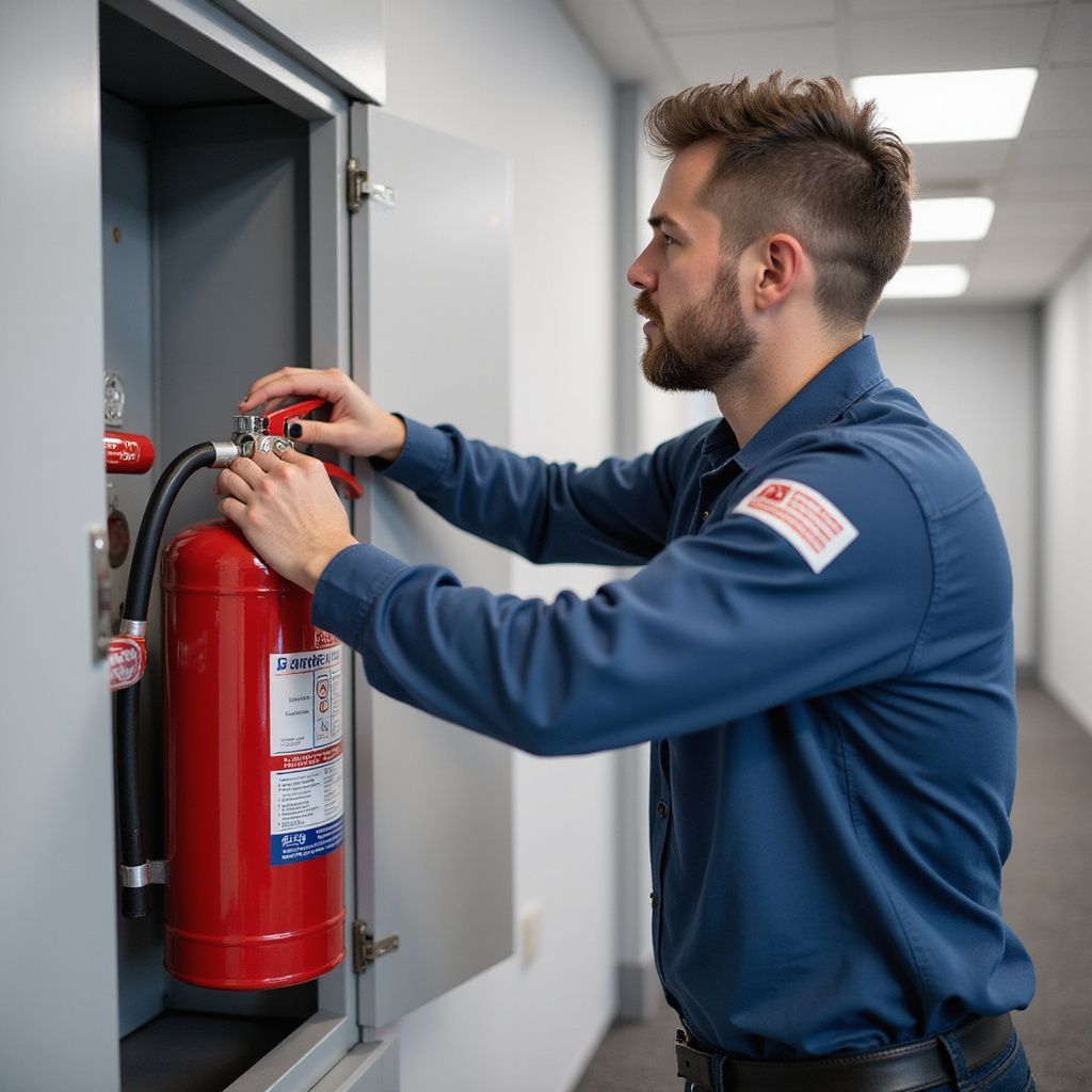 Man in blue uniform inspects a red fire extinguisher in a cabinet, in an office hallway.