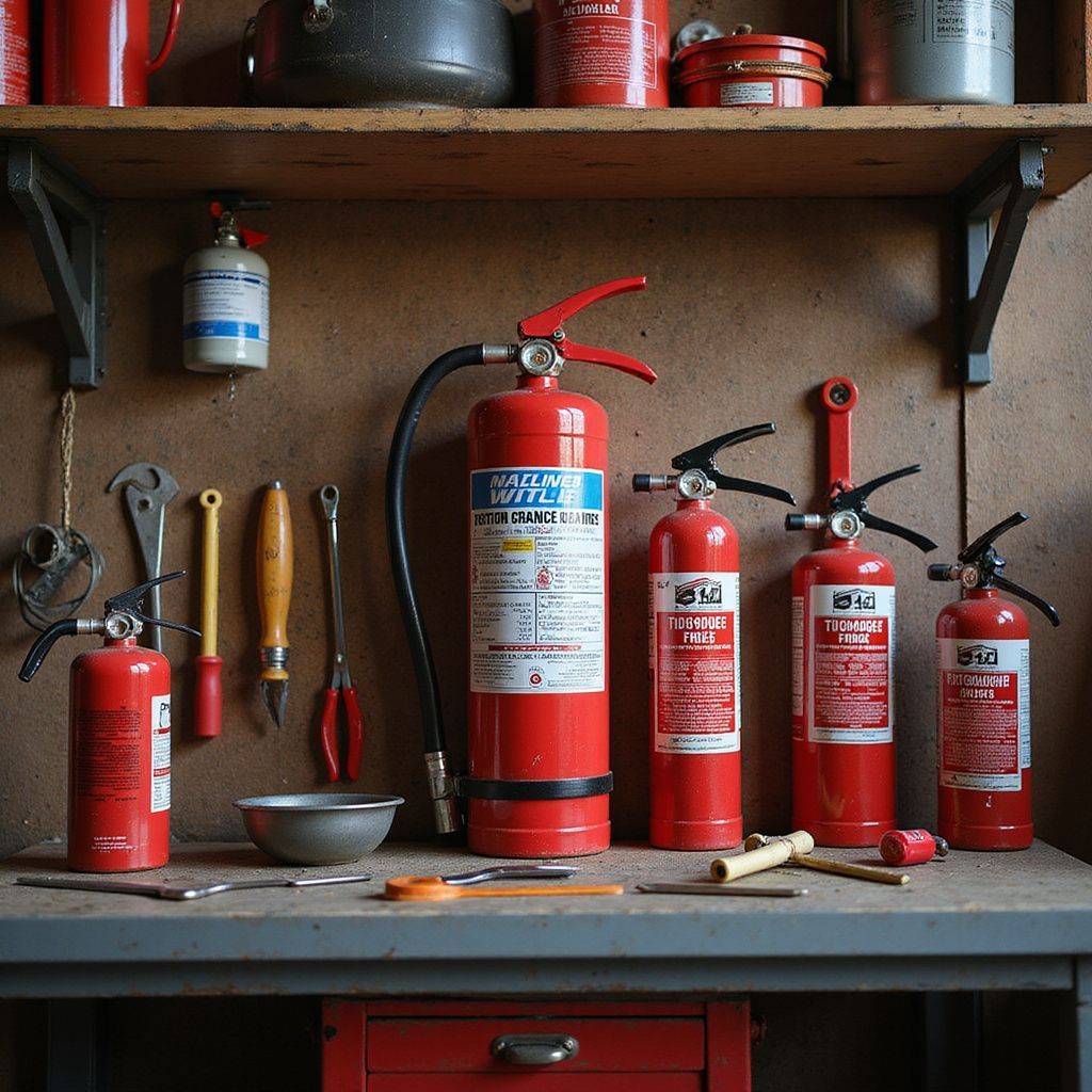 Various red fire extinguishers on a workbench with tools, a bowl, and shelves.