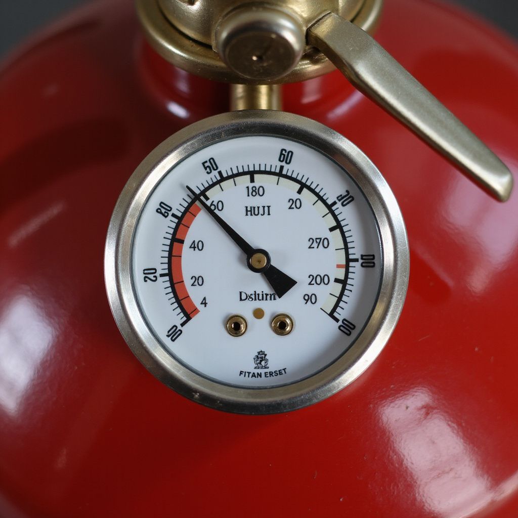 Close-up of a red fire extinguisher with a gauge showing pressure at about 50, with brass handle.