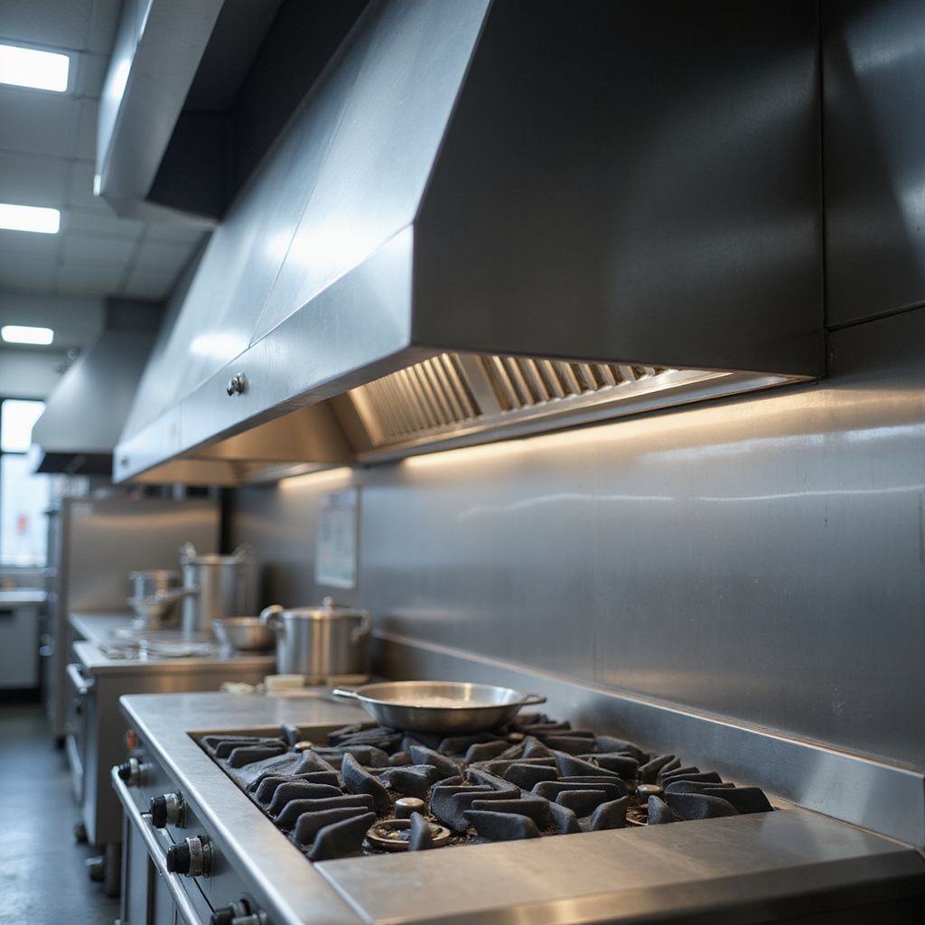 Stainless steel commercial kitchen with stovetop, pots, and ventilation hood.