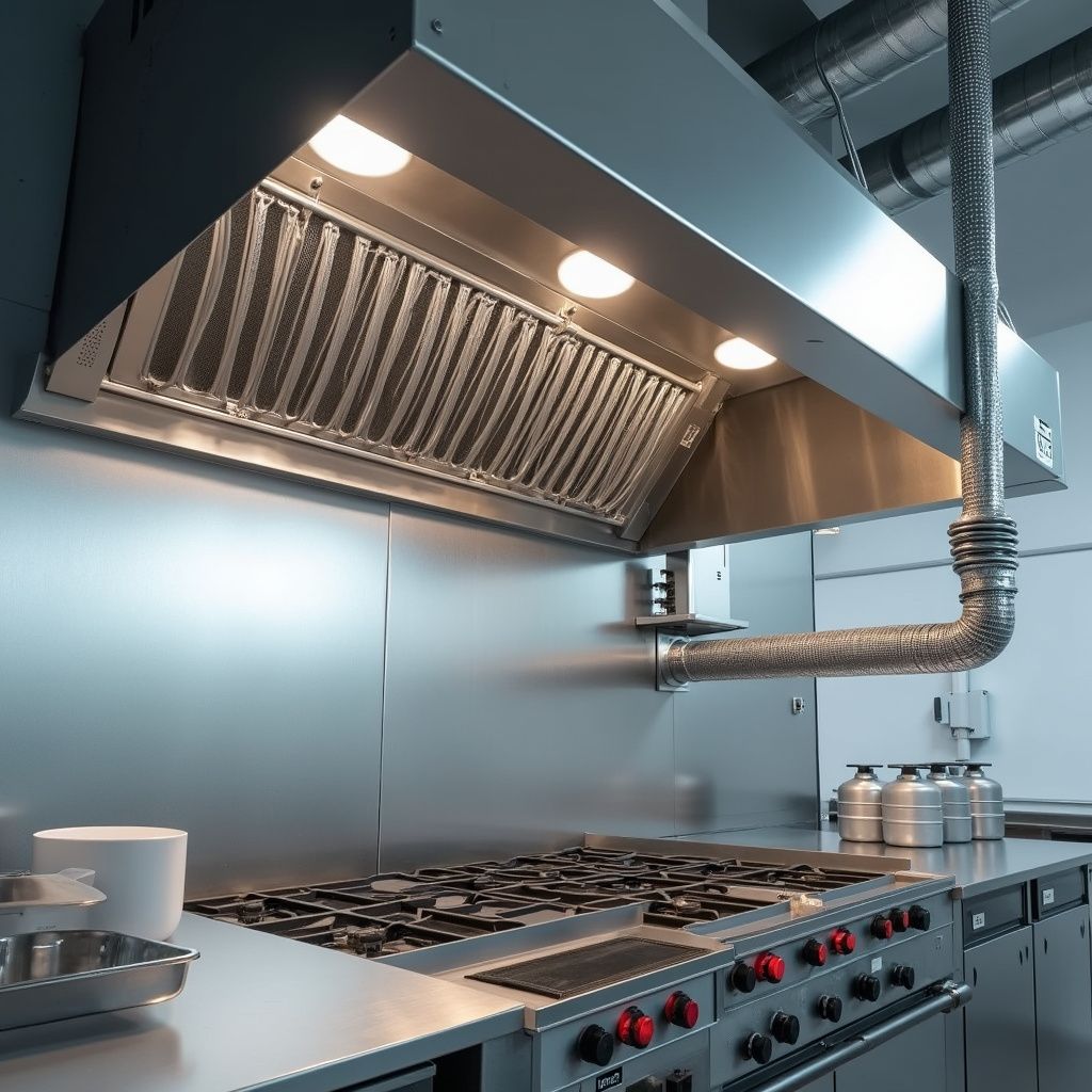 Commercial kitchen with stainless steel range and ventilation hood.