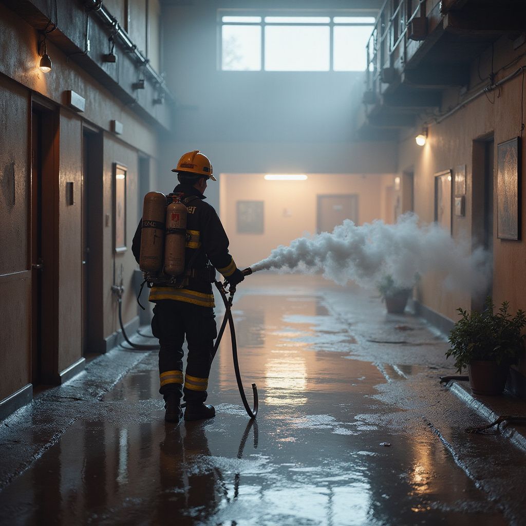 Firefighter sprays water in a smoky hallway, reflecting on wet floor.