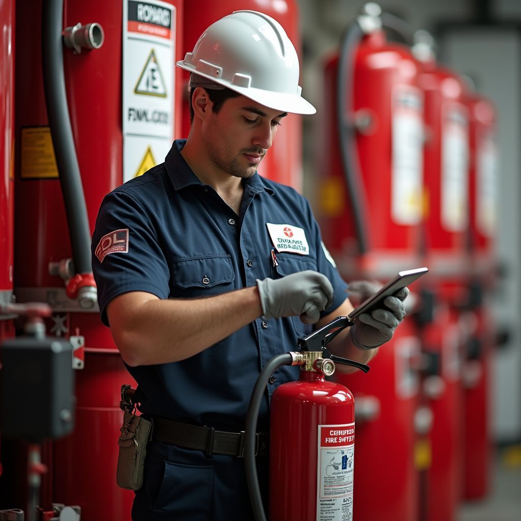 Technician in blue uniform and hard hat inspecting a fire extinguisher, using a tablet in an industrial setting.