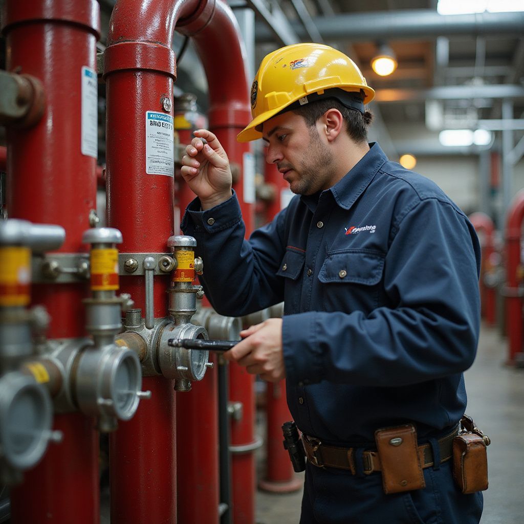 Worker in blue uniform and hard hat inspecting red pipes with a wrench. Industrial setting.