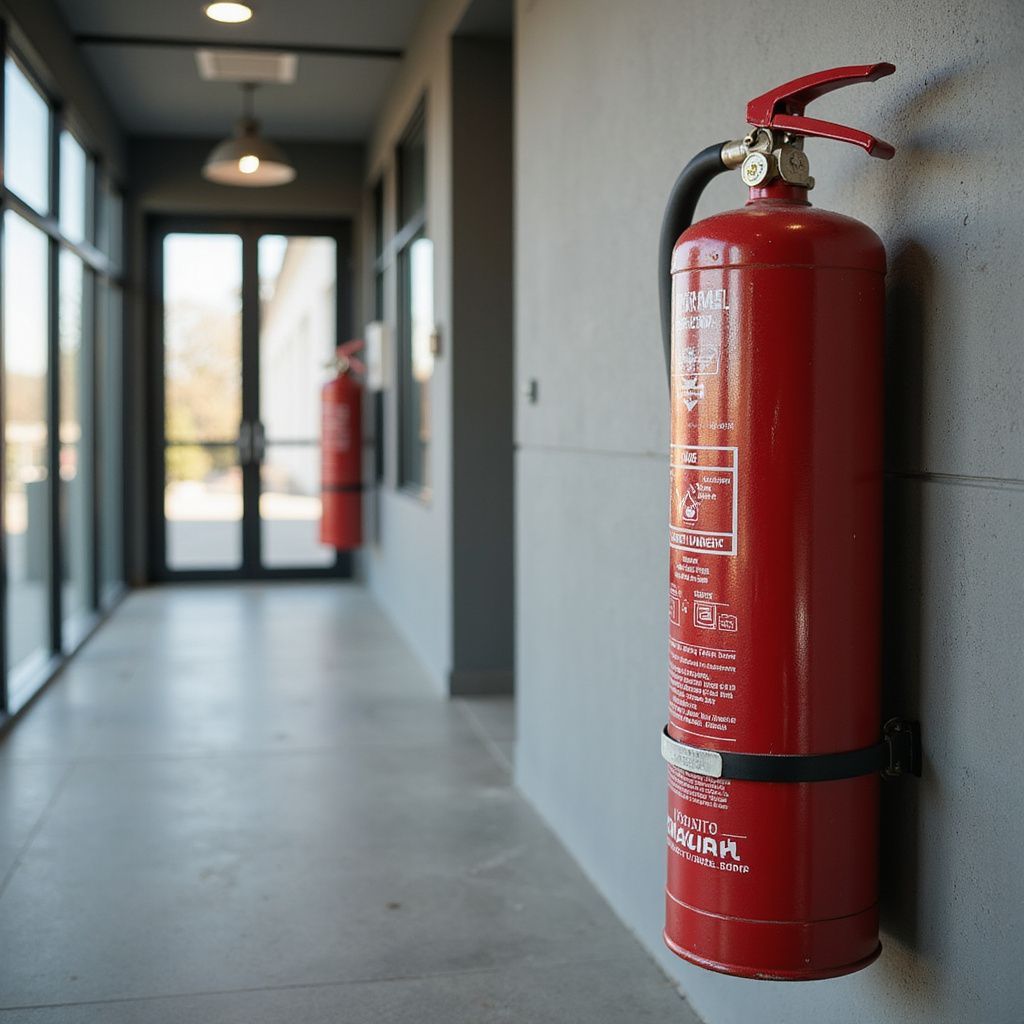 Red fire extinguisher mounted on a gray wall in a hallway with another in the distance.