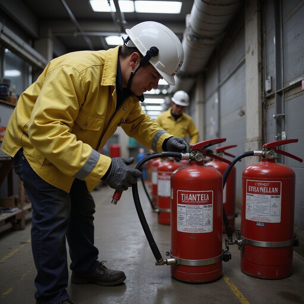 Worker in yellow jacket inspects red fire extinguishers in a factory. Another worker in background.