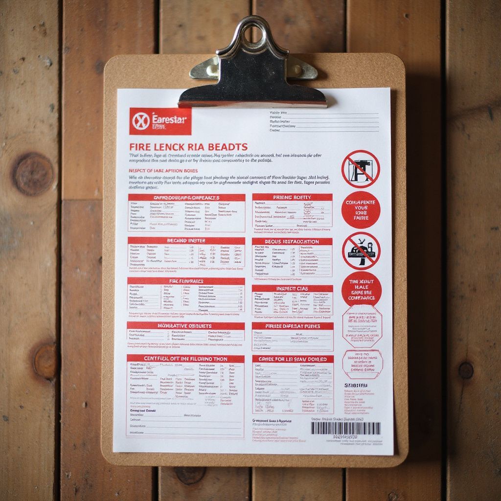 Clipboard with a red and white safety guide against a wood background.