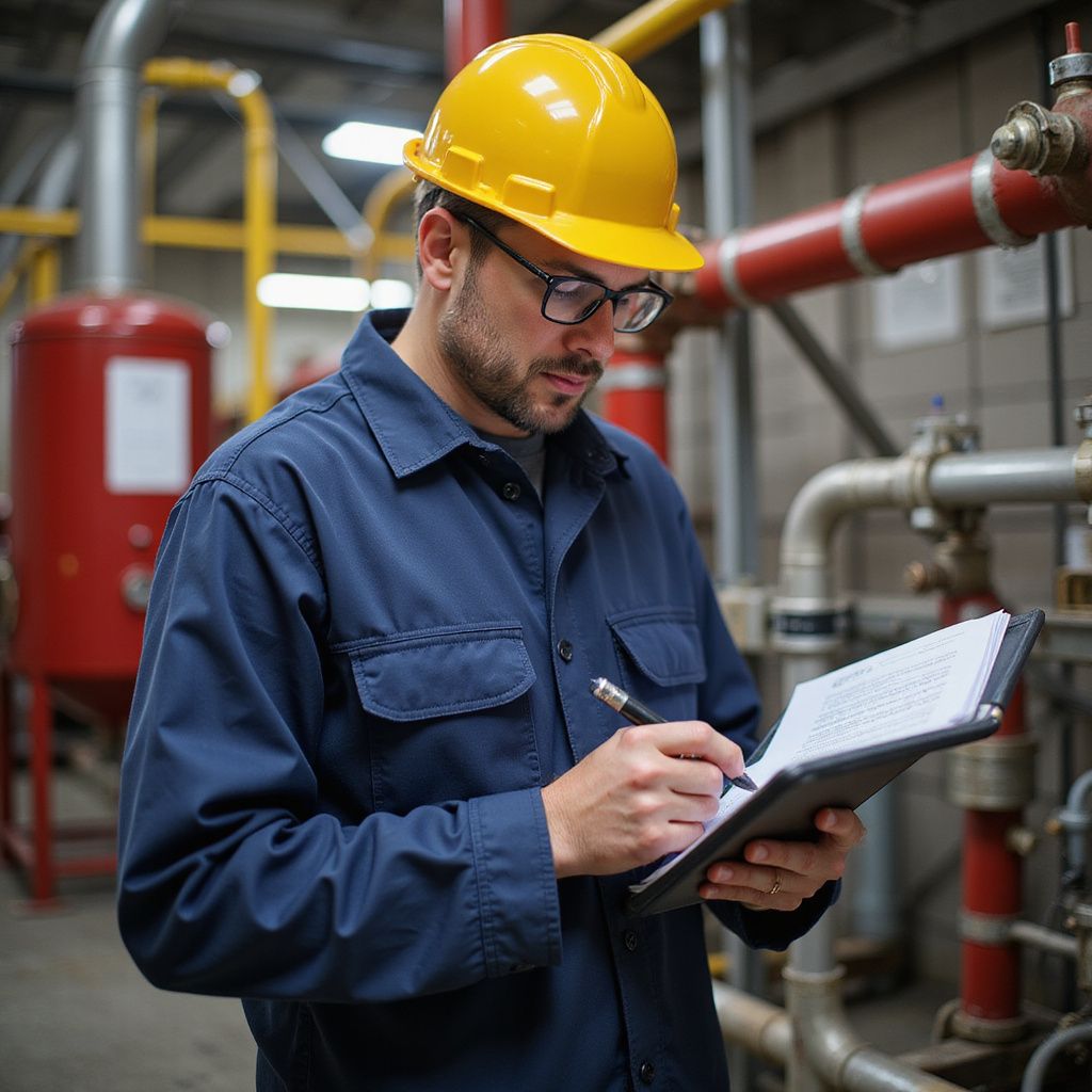 Man in blue jumpsuit and yellow hard hat inspecting machinery, writing on a clipboard.