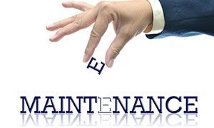 A hand is holding a letter e in front of the word maintenance.