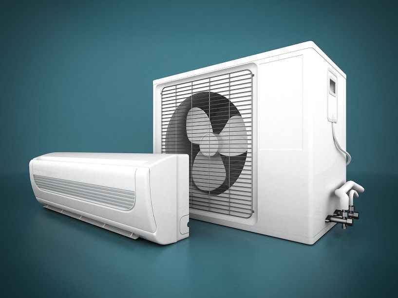 A white air conditioner and a fan on a blue background.