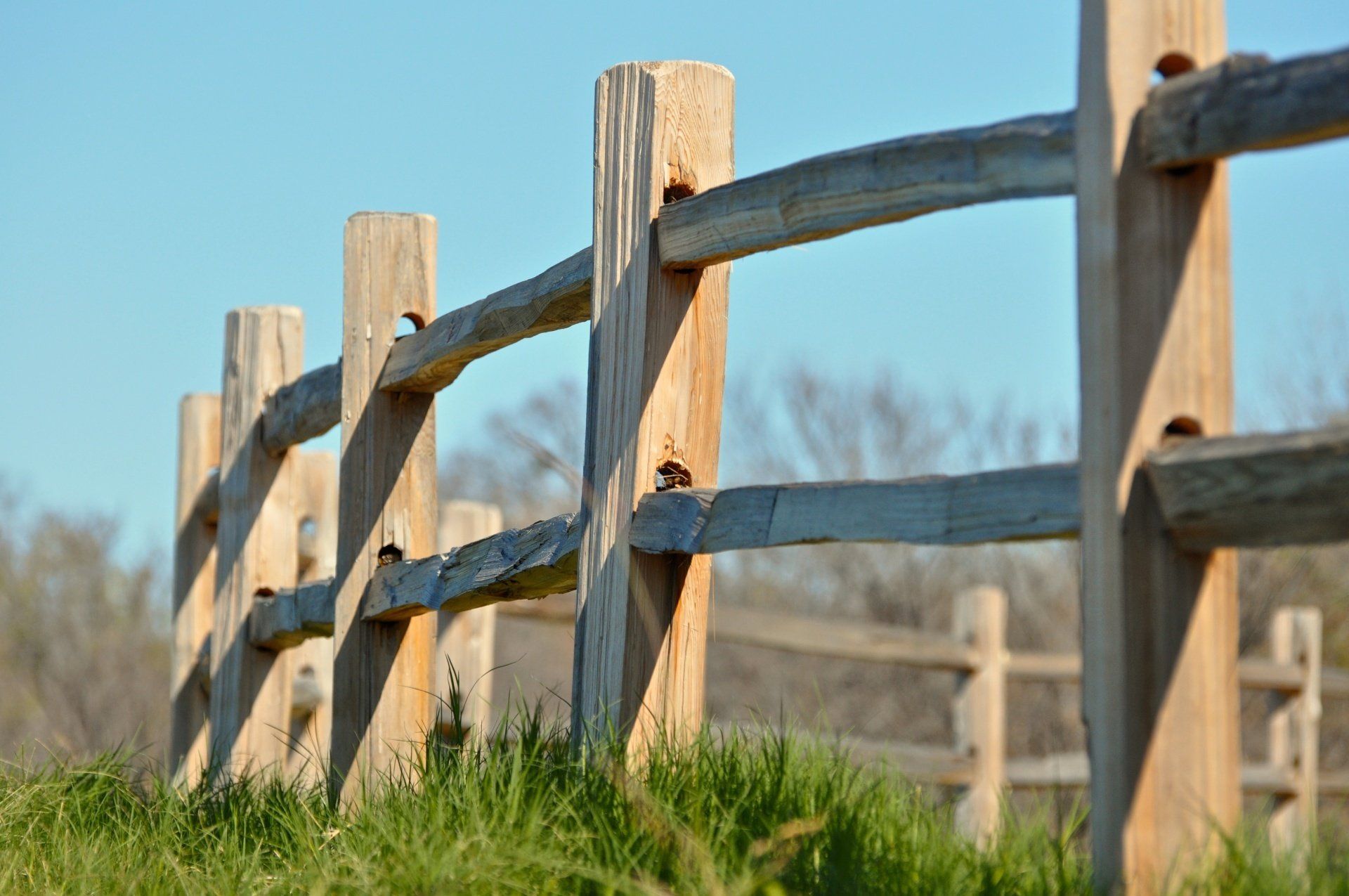 A close up of a split rail fence in a field of grass