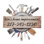 Logo for Ben's Home Improvement: Tools surrounding a wooden sign with the business name and phone number.