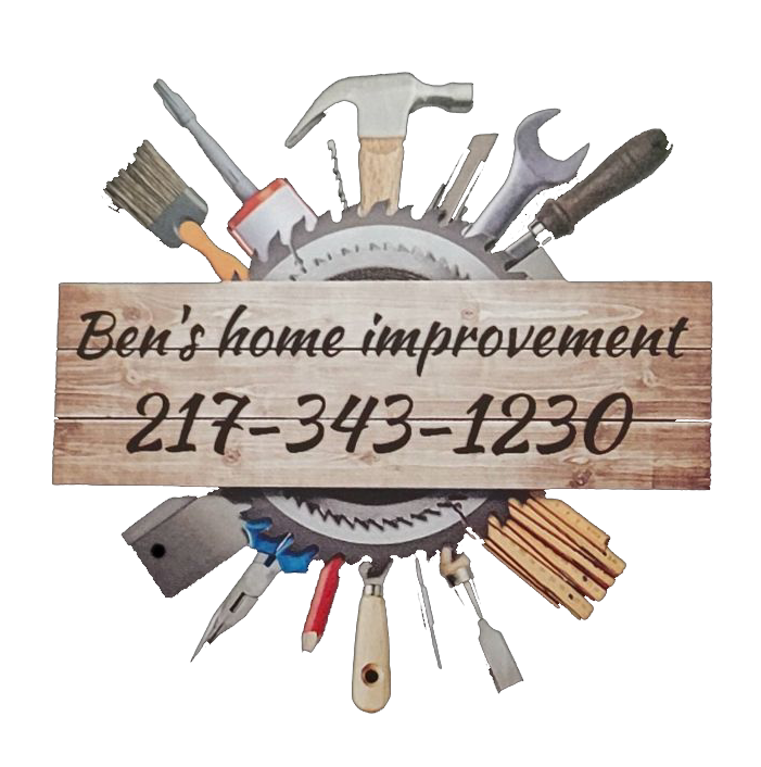Logo for Ben's Home Improvement: Tools surrounding a wooden sign with the business name and phone number.