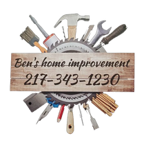 Logo for Ben's Home Improvement: Tools surrounding a wooden sign with the business name and phone number.