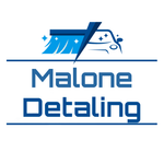 The logo for malone detailing shows a broom and a car.