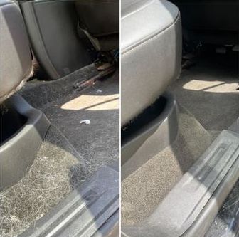 A before and after picture of the interior of a car.