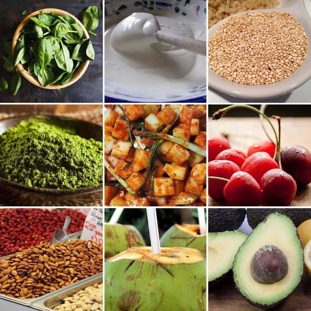 A collage of different types of food including avocados