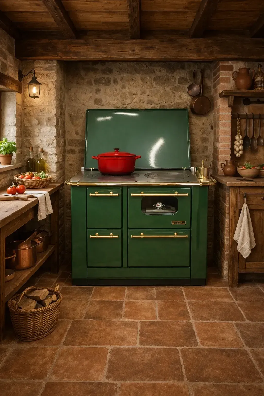 Stufa a legna nera con dettagli in ottone in cucina, accanto a mobili in legno e una finestra.