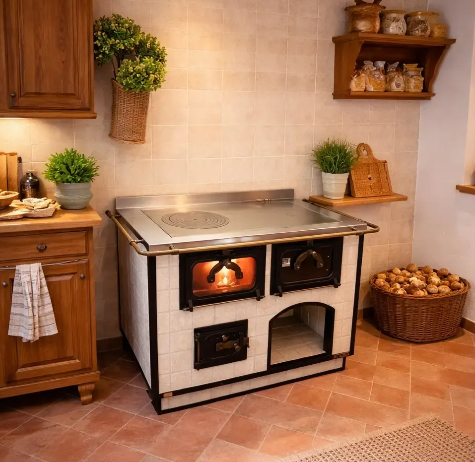 Stufa a legna con rivestimento esterno in piastrelle verdi, piano superiore in metallo e fuoco visibile nel forno.