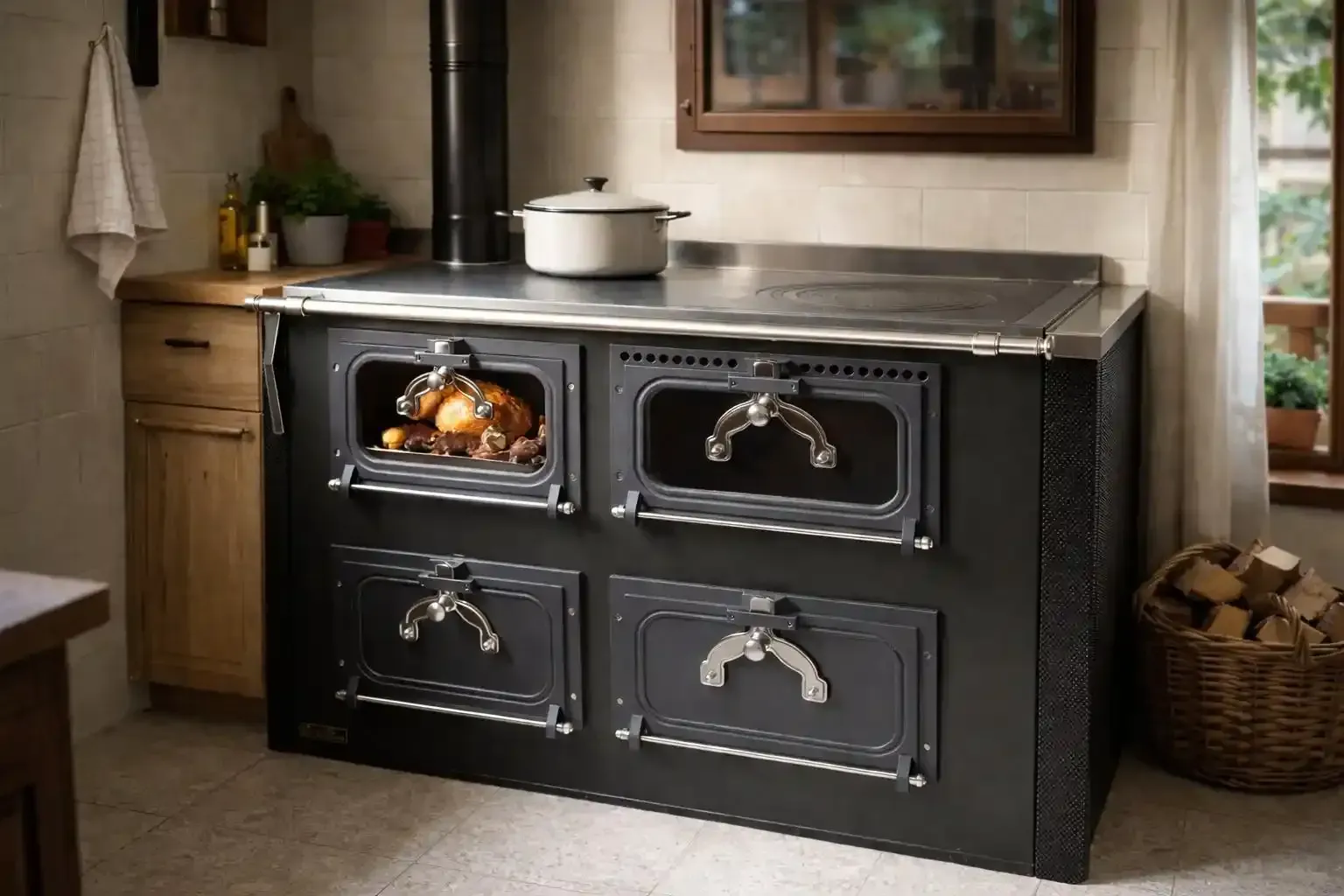 Stufa a legna nera con fuoco acceso e piano cottura, in una cucina accogliente.