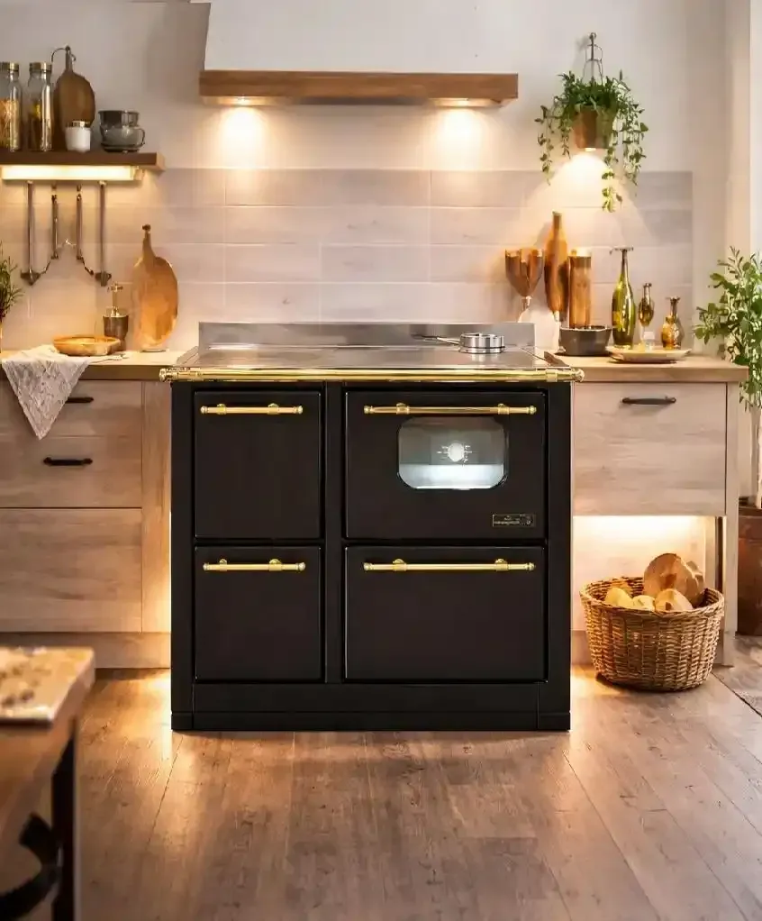 Stufa a legna nera in una cucina rustica con mobili in legno, illuminata da luci calde e verde.