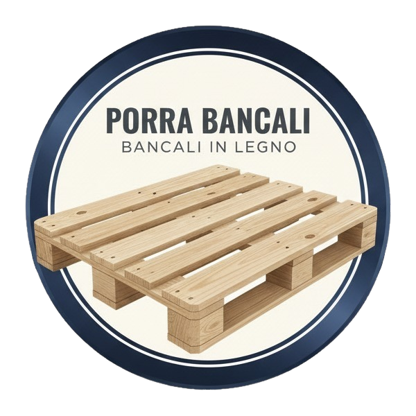 Un logo circolare con un pallet di legno al centro e le scritte