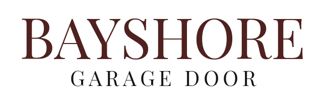 The text "BAYSHORE GARAGE DOOR" in dark brown, serif font on a white background.