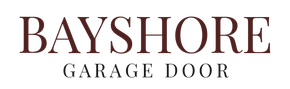 The text "BAYSHORE GARAGE DOOR" in dark brown, serif font on a white background.