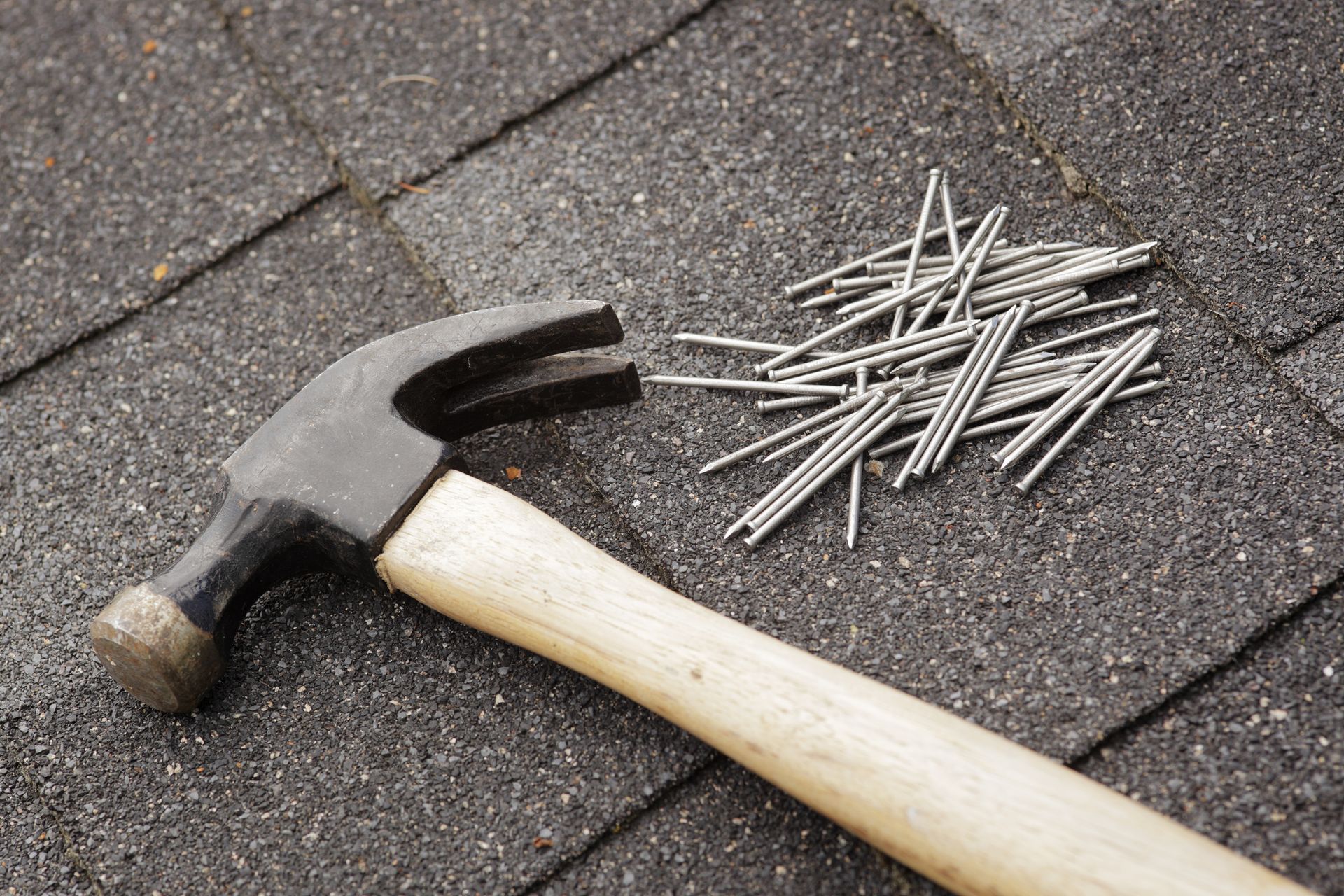 Hammer and nails on a dark gray asphalt shingle roof.