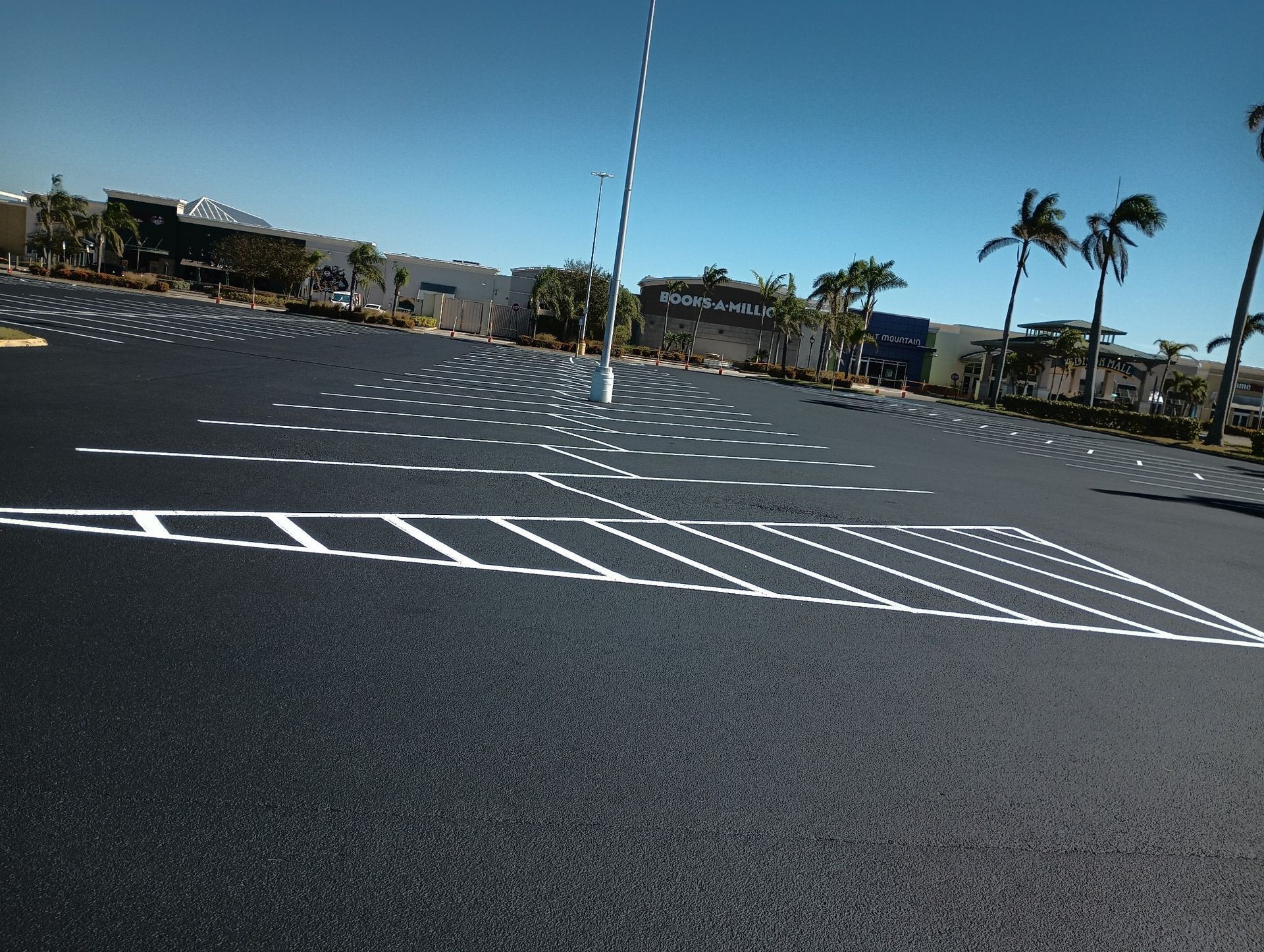 A parking lot with palm trees in the background