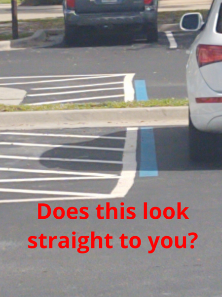 A white car is parked in a parking lot with the words does this look straight to you