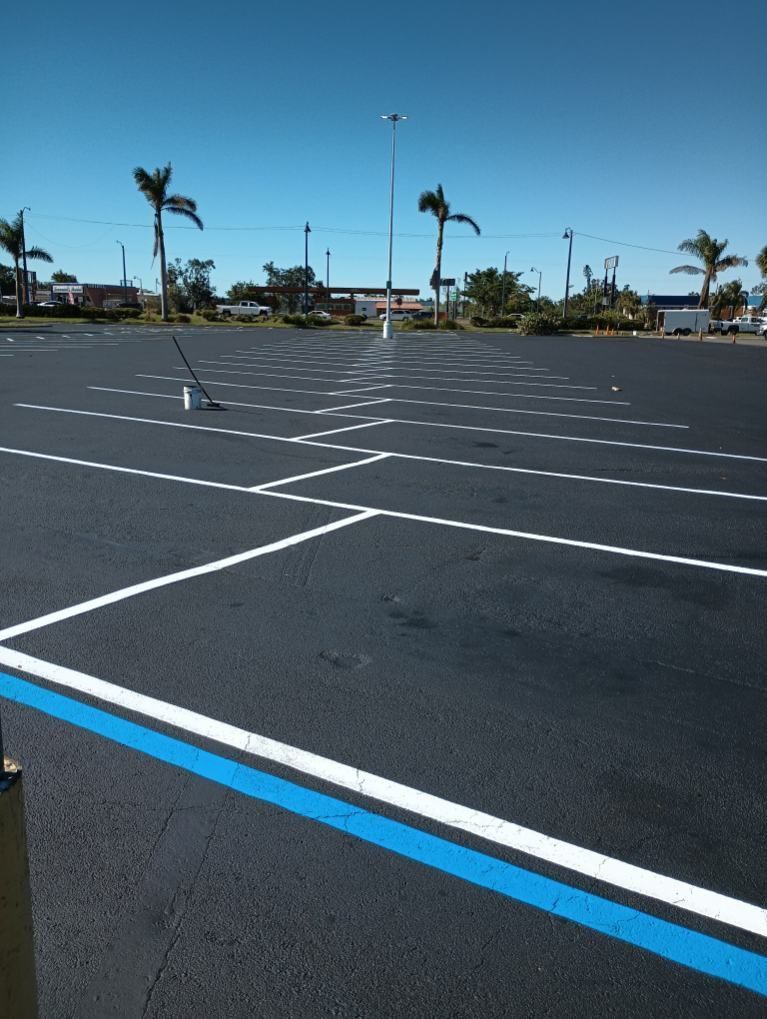 An empty parking lot with a blue line in the middle