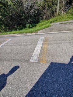 A shadow of a person is cast on the road.