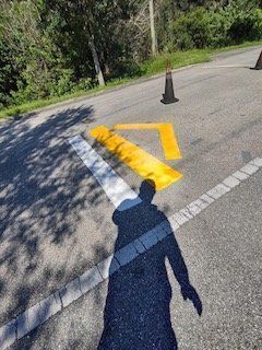 A shadow of a person is cast on the side of a road.