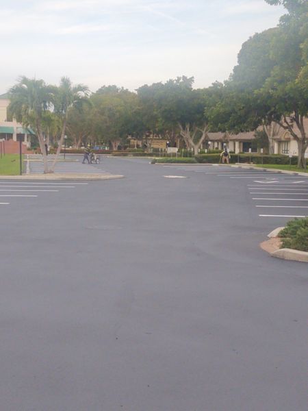 An empty parking lot with a lot of trees in the background.