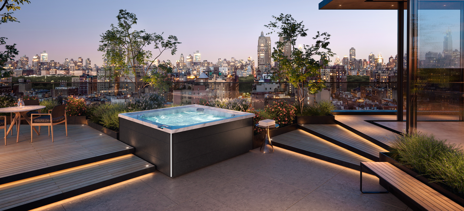 Spa posé sur une terrasse en bois jacuzzi