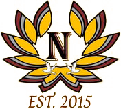 Logo with a stylized wreath, a centered "N," two doves, and "EST. 2015" in brown.