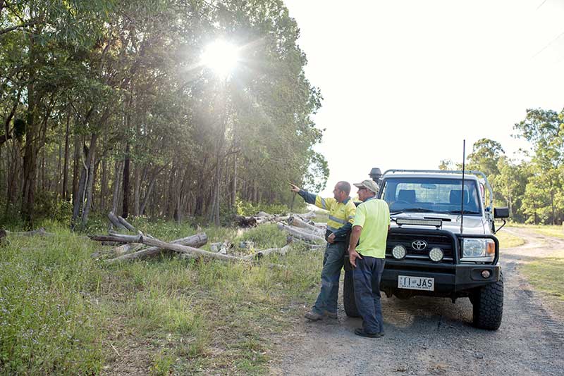 Two Men Are Standing Next to A Truck in The Woods — CK's Milling & Earthworks in Bells Bridge, QLD