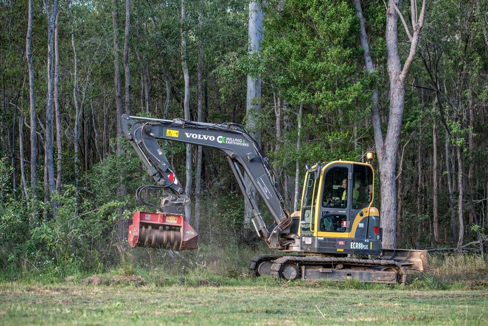A Large Excavator Is Cutting Down Trees in A Forest — CK's Milling & Earthworks in Gympie, QLD