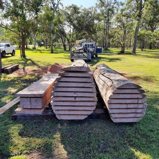 Two Logs Are Stacked on Top of Each Other in A Grassy Field — CK's Milling & Earthworks in Gympie, QLD