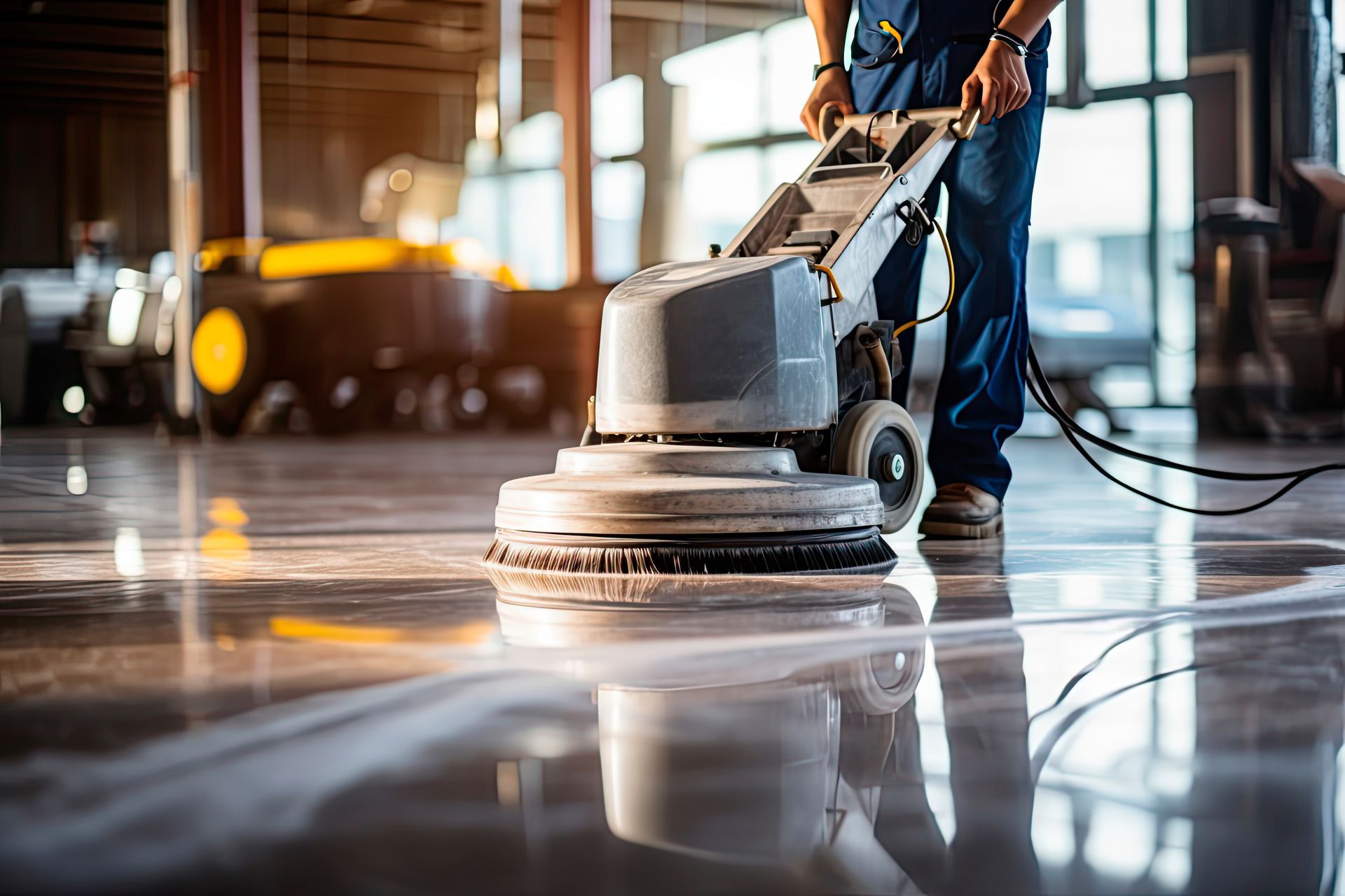 A man is cleaning a marble floor with a machine.